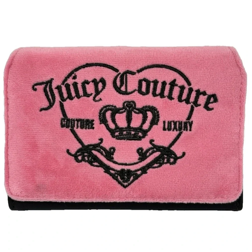 Juicy Couture Pink Velour Trifold Wallet Girlir Royalty Heart Charm NWT